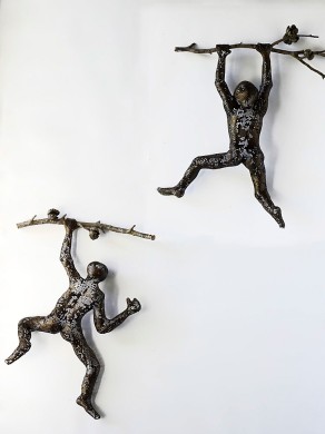 Metal wall art, Climbing man sculpture on a tree branch, sports art, housewarming, wall decor