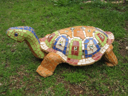 Turtle with mosaic tiles, wire mesh sculpture